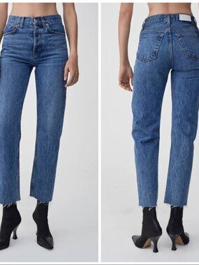 RE/DONE Originals Women's 28 High Rise Stove Pipe Jeans Blue Raw Hem